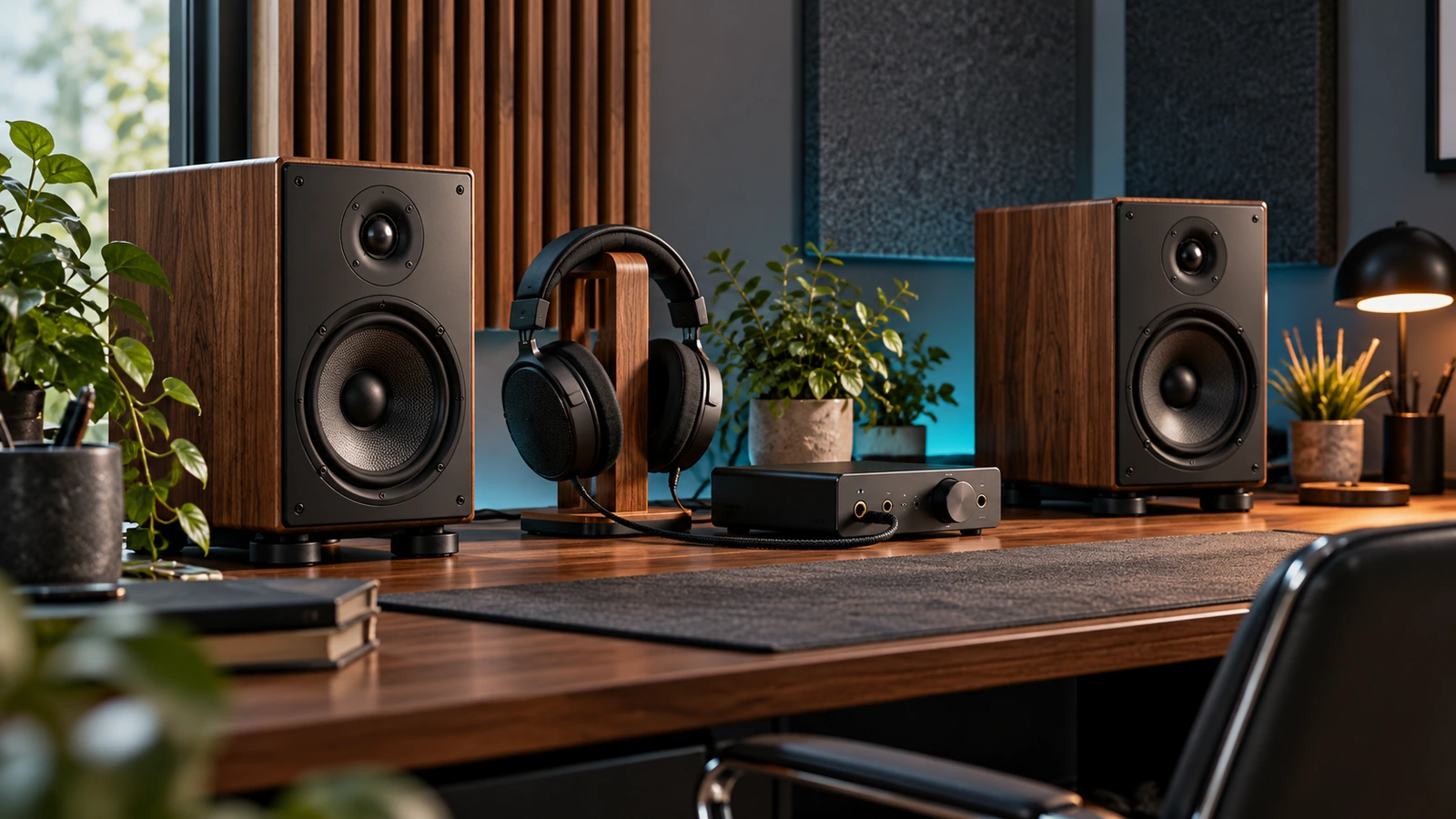Espacio doméstico de escucha con altavoces y auriculares para comparar el sonido.